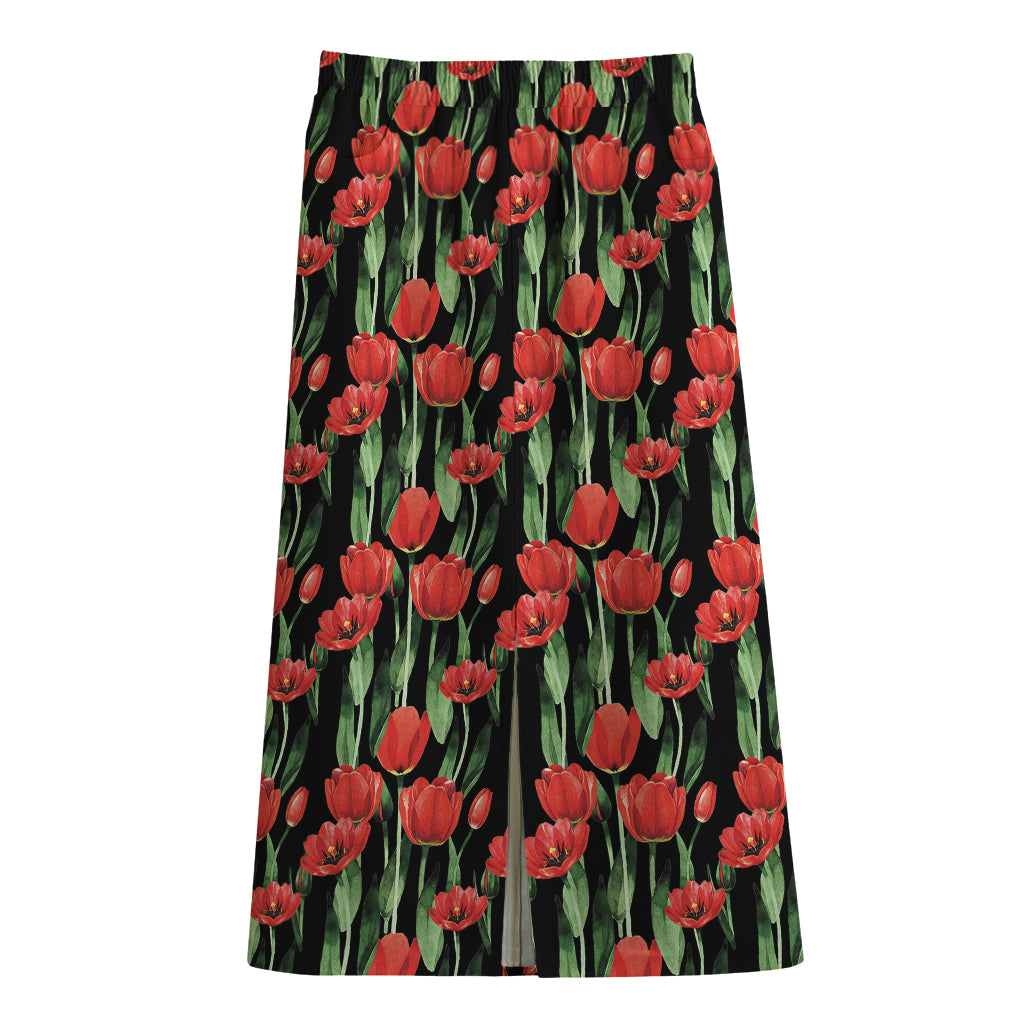 Red Watercolor Tulip Pattern Print Cotton Front Slit Maxi Skirt