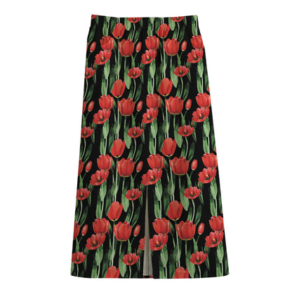 Red Watercolor Tulip Pattern Print Cotton Front Slit Maxi Skirt