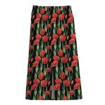 Red Watercolor Tulip Pattern Print Cotton Front Slit Maxi Skirt