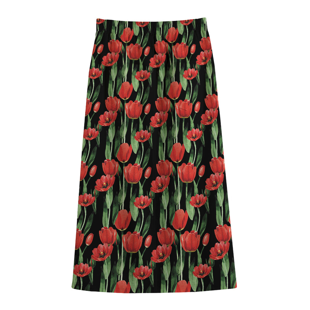 Red Watercolor Tulip Pattern Print Cotton Front Slit Maxi Skirt