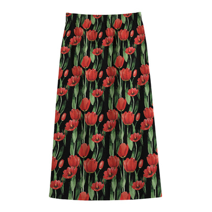 Red Watercolor Tulip Pattern Print Cotton Front Slit Maxi Skirt