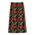 Red Watercolor Tulip Pattern Print Cotton Front Slit Maxi Skirt