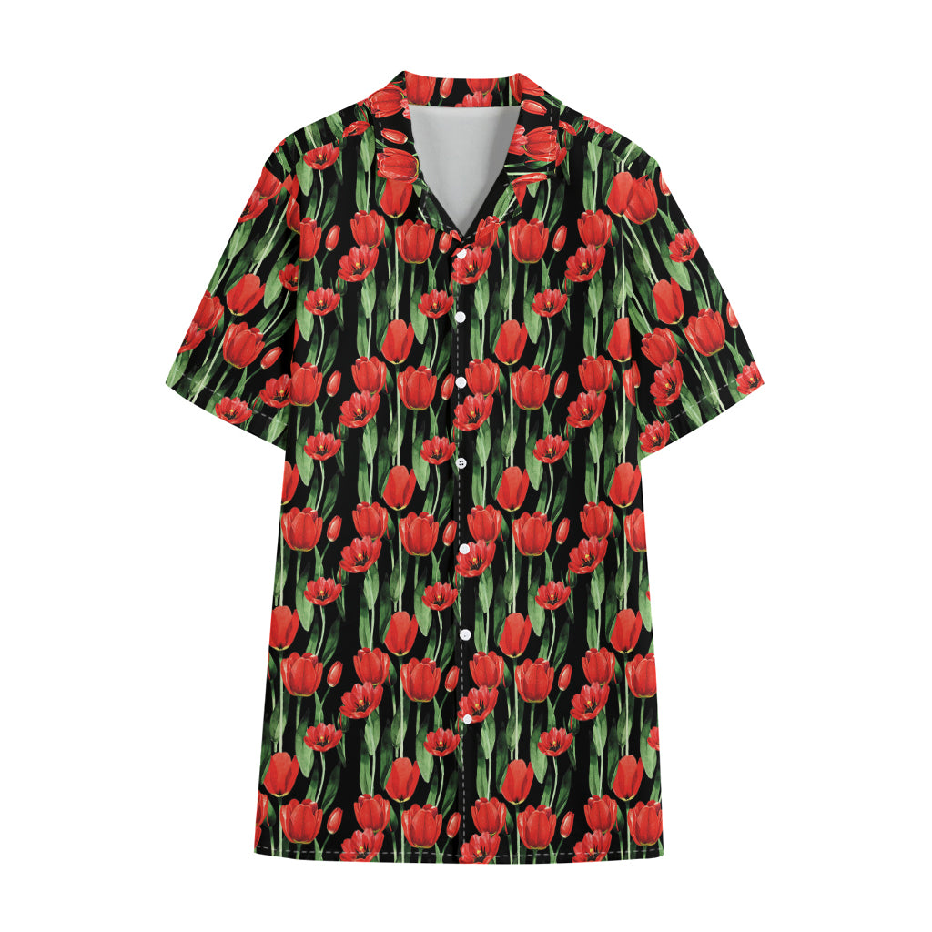 Red Watercolor Tulip Pattern Print Cotton Hawaiian Shirt