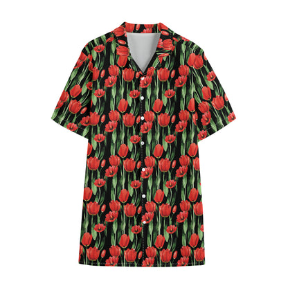 Red Watercolor Tulip Pattern Print Cotton Hawaiian Shirt