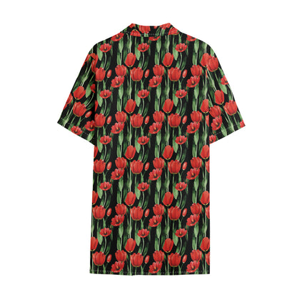 Red Watercolor Tulip Pattern Print Cotton Hawaiian Shirt