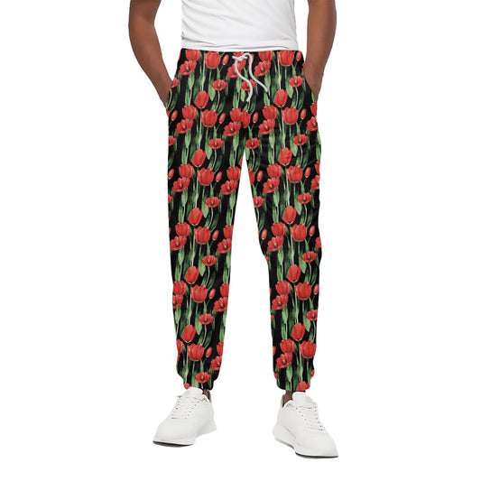 Red Watercolor Tulip Pattern Print Cotton Pants
