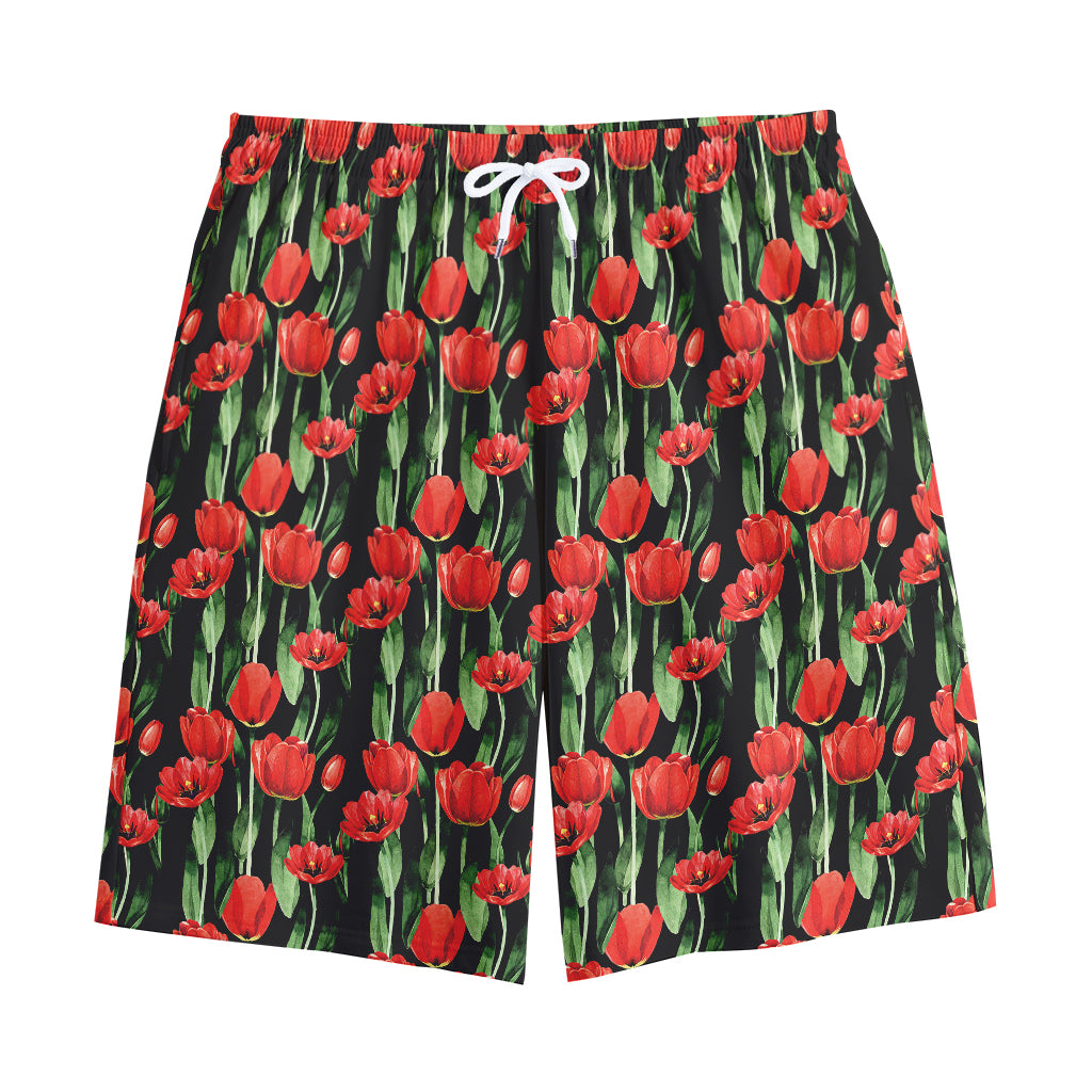 Red Watercolor Tulip Pattern Print Cotton Shorts