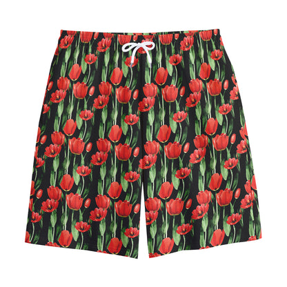Red Watercolor Tulip Pattern Print Cotton Shorts