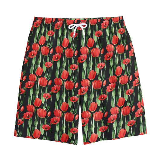 Red Watercolor Tulip Pattern Print Cotton Shorts