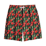 Red Watercolor Tulip Pattern Print Cotton Shorts