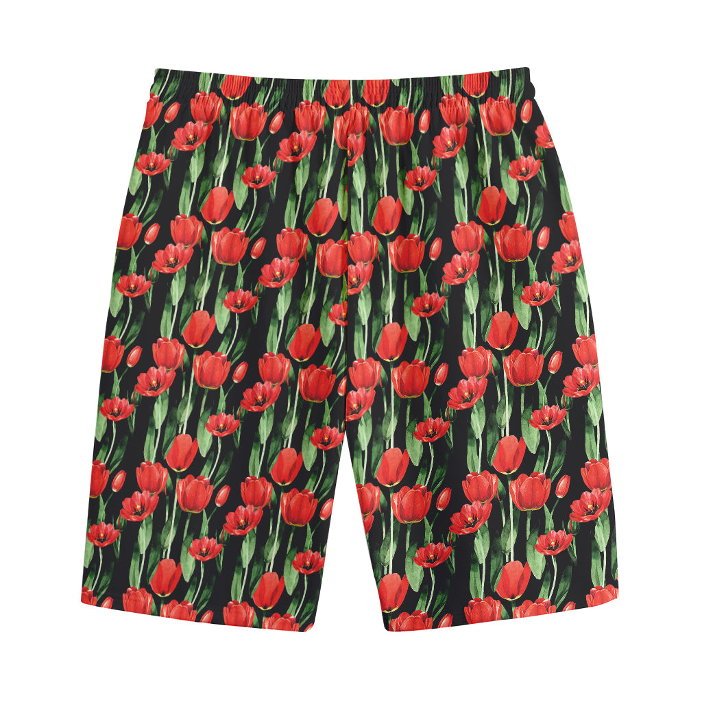 Red Watercolor Tulip Pattern Print Cotton Shorts