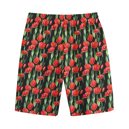 Red Watercolor Tulip Pattern Print Cotton Shorts