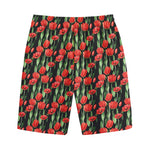 Red Watercolor Tulip Pattern Print Cotton Shorts