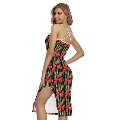 Red Watercolor Tulip Pattern Print Cross Back Cami Dress
