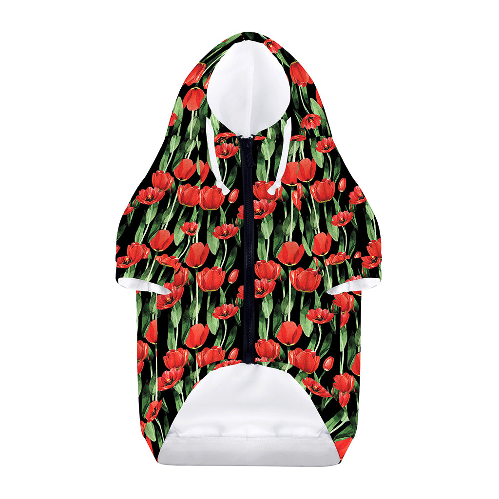 Red Watercolor Tulip Pattern Print Dog Zip Up Hoodie