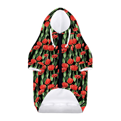 Red Watercolor Tulip Pattern Print Dog Zip Up Hoodie