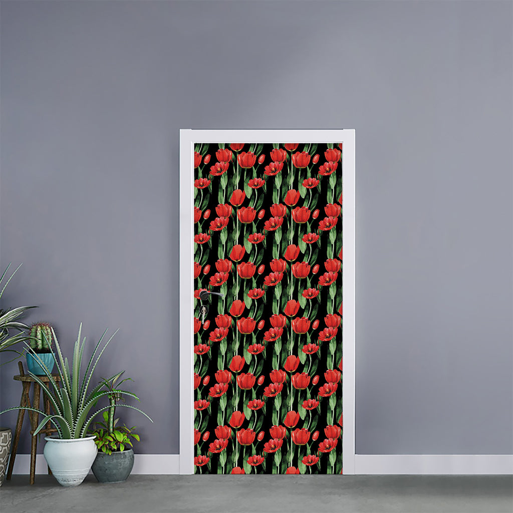 Red Watercolor Tulip Pattern Print Door Sticker