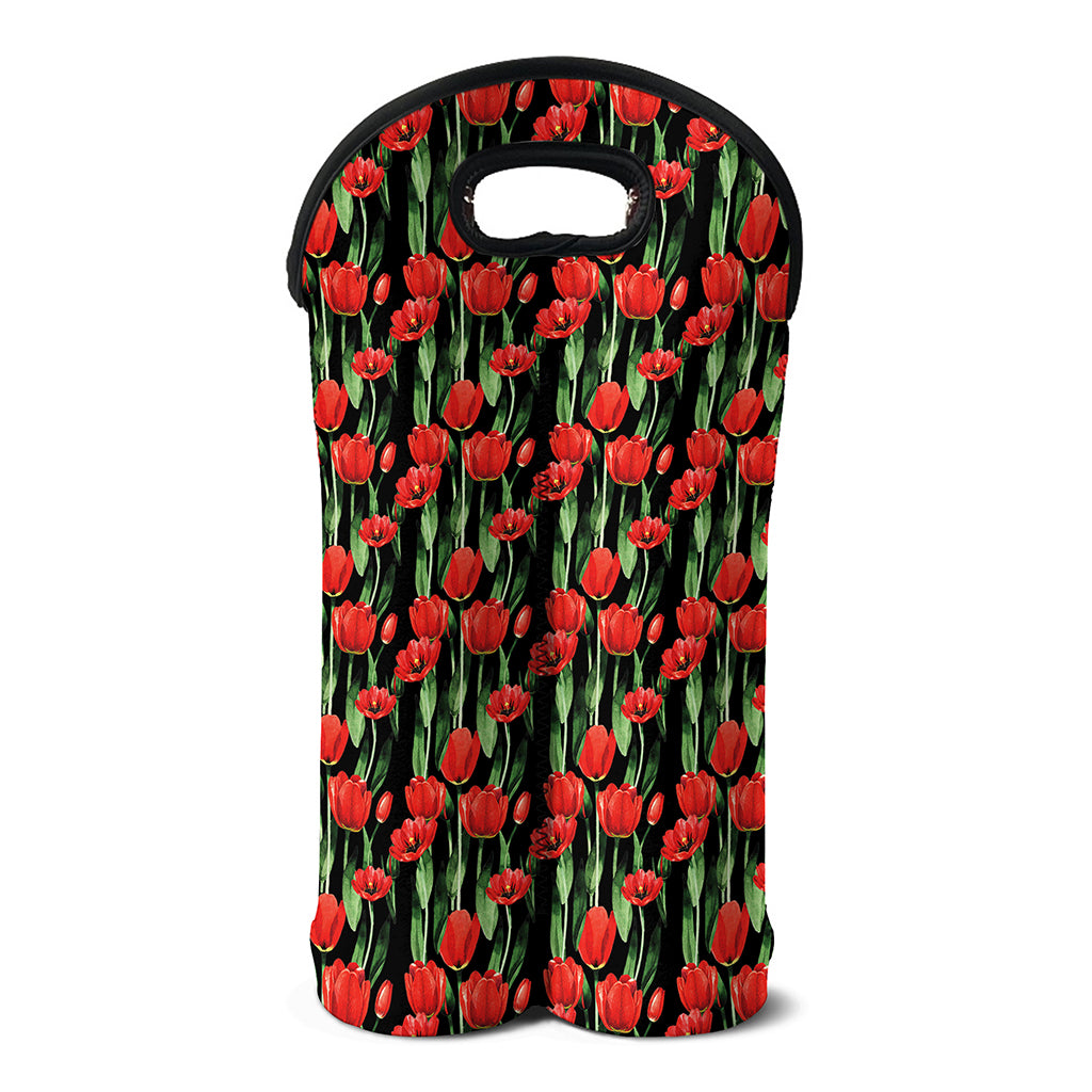Red Watercolor Tulip Pattern Print Double Neoprene Wine Tote