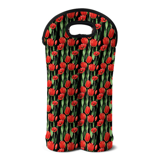 Red Watercolor Tulip Pattern Print Double Neoprene Wine Tote