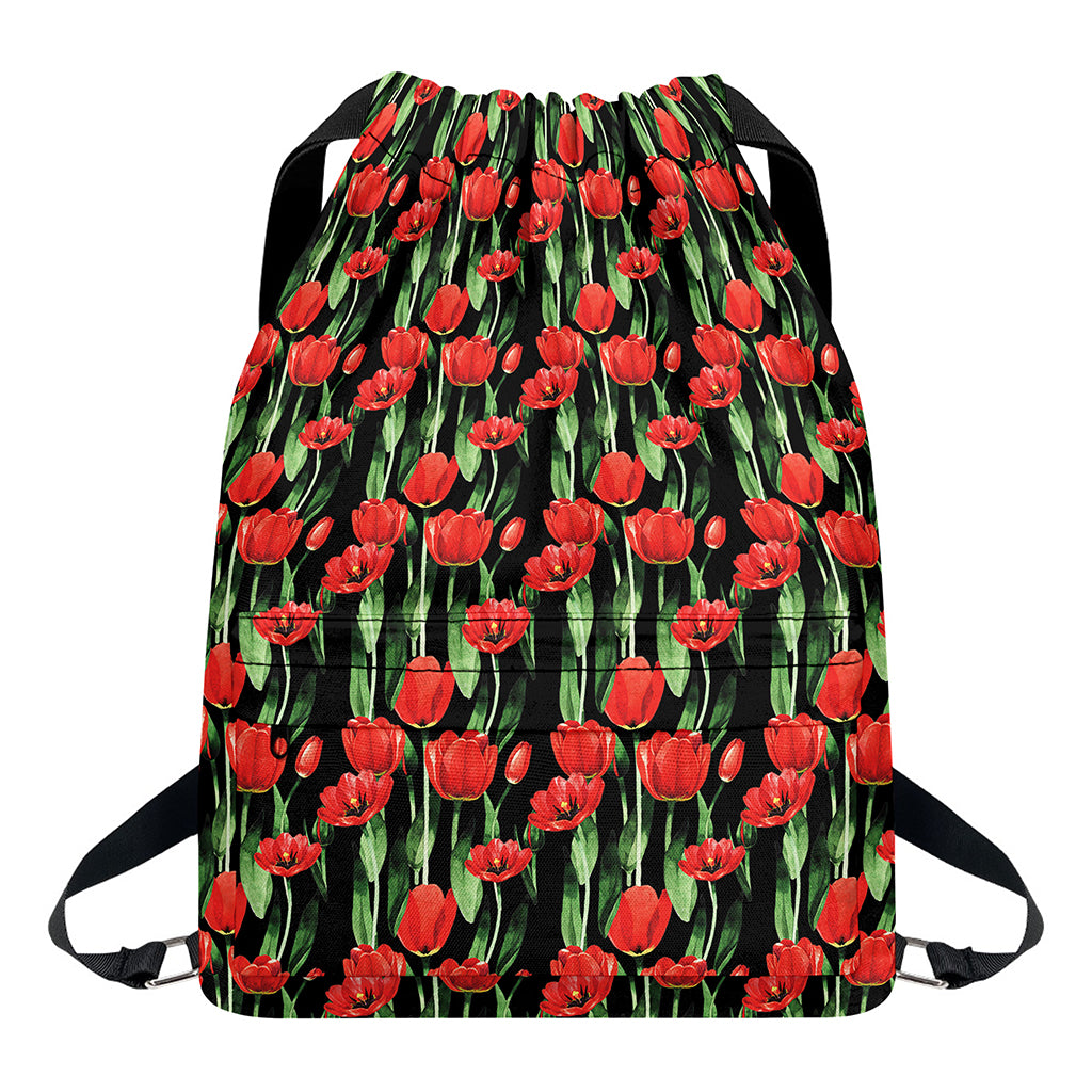 Red Watercolor Tulip Pattern Print Drawstring Backpack