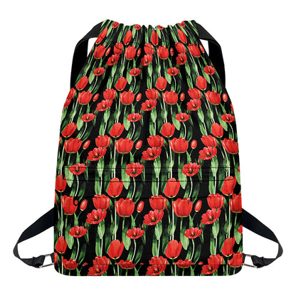 Red Watercolor Tulip Pattern Print Drawstring Backpack