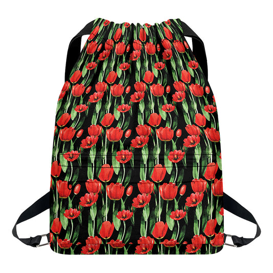 Red Watercolor Tulip Pattern Print Drawstring Backpack