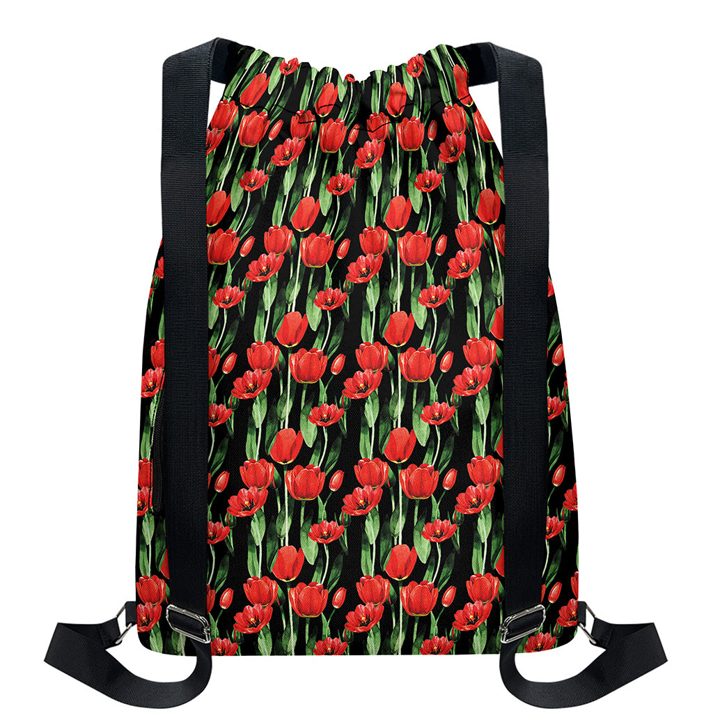 Red Watercolor Tulip Pattern Print Drawstring Backpack