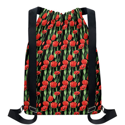 Red Watercolor Tulip Pattern Print Drawstring Backpack