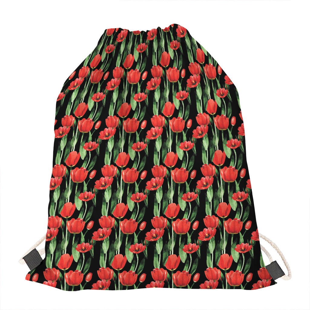 Red Watercolor Tulip Pattern Print Drawstring Bag