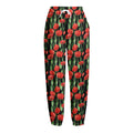 Red Watercolor Tulip Pattern Print Fleece Lined Knit Pants