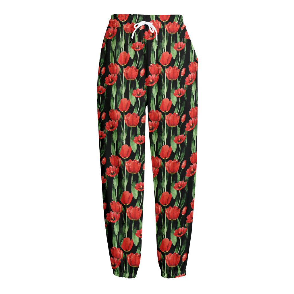 Red Watercolor Tulip Pattern Print Fleece Lined Knit Pants