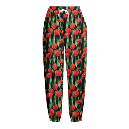 Red Watercolor Tulip Pattern Print Fleece Lined Knit Pants