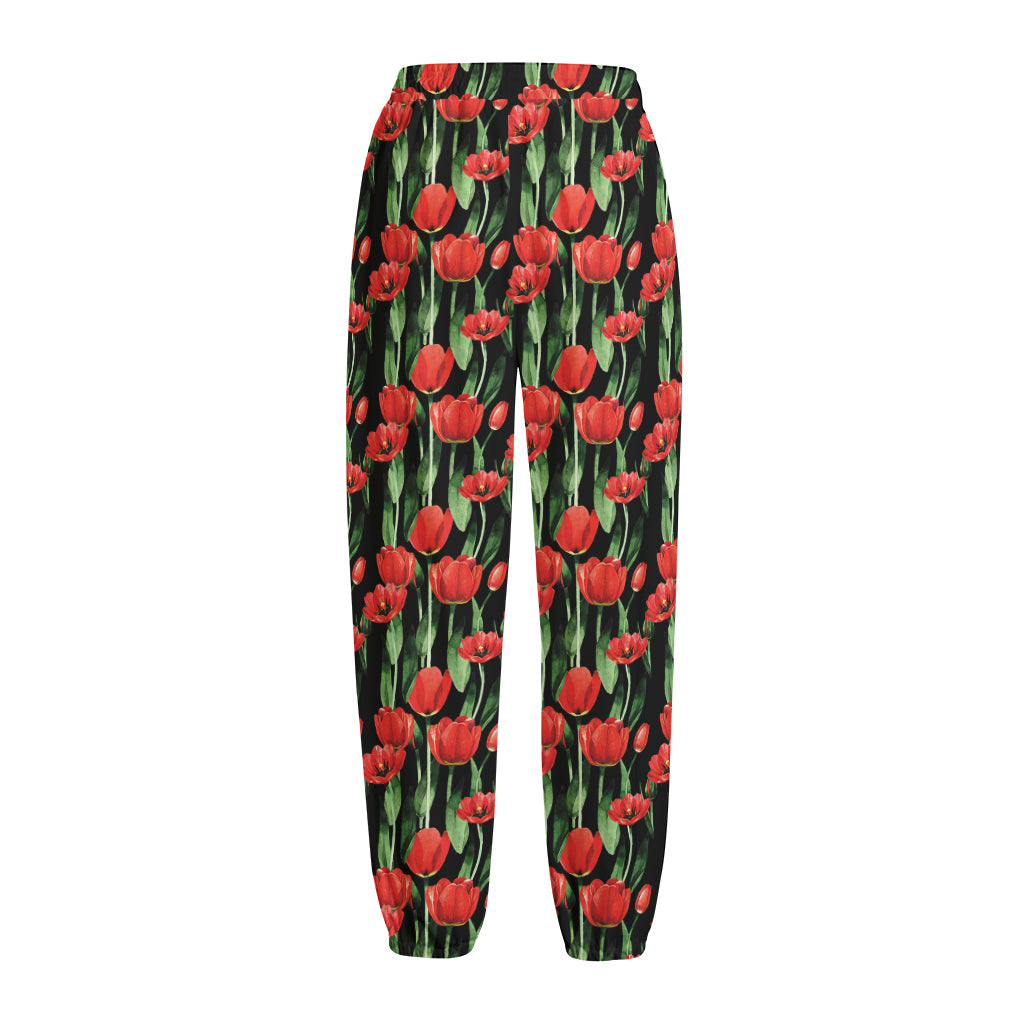 Red Watercolor Tulip Pattern Print Fleece Lined Knit Pants