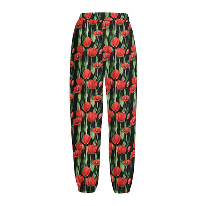 Red Watercolor Tulip Pattern Print Fleece Lined Knit Pants