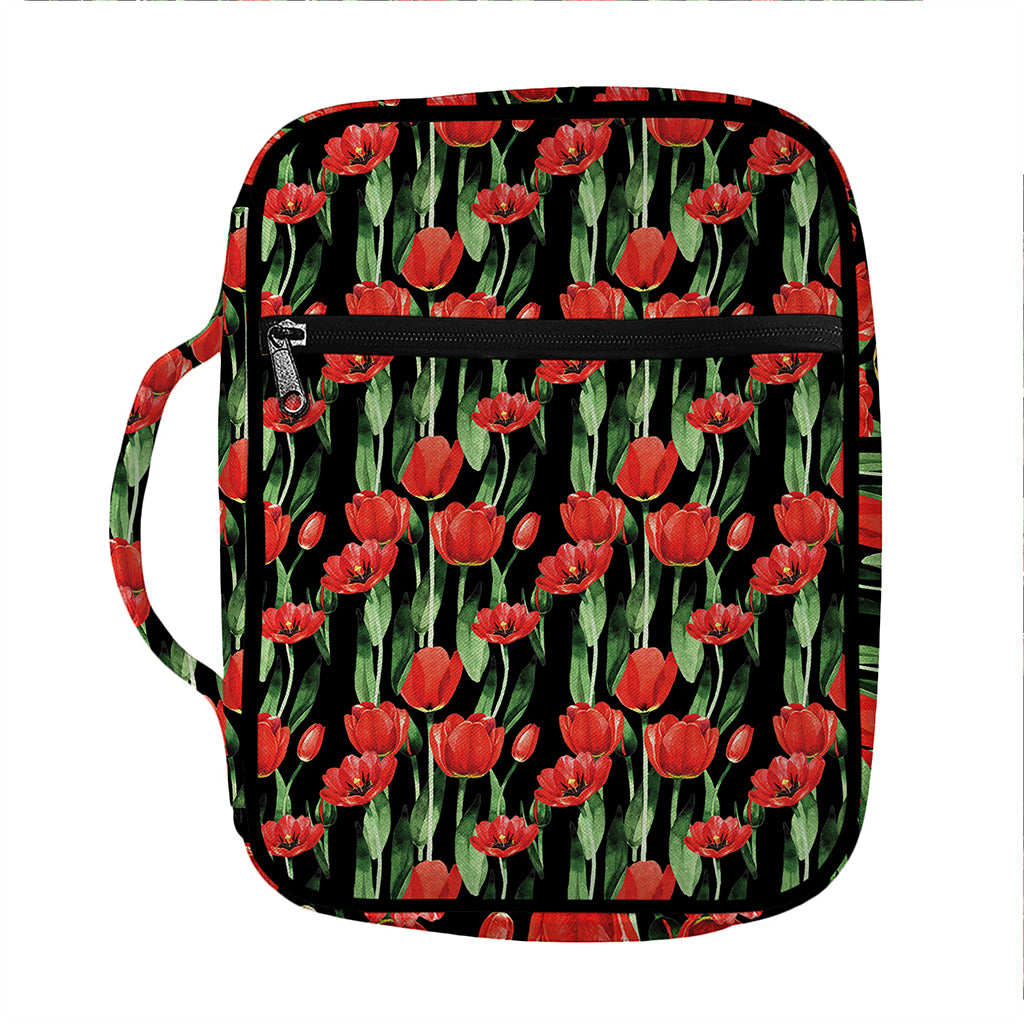 Red Watercolor Tulip Pattern Print Front Pocket Bible Bag