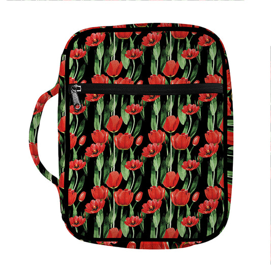 Red Watercolor Tulip Pattern Print Front Pocket Bible Bag