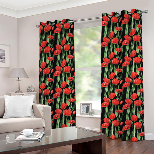 Red Watercolor Tulip Pattern Print Grommet Curtains