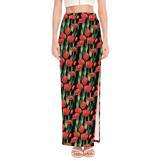 Red Watercolor Tulip Pattern Print High Slit Maxi Skirt