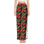 Red Watercolor Tulip Pattern Print High Slit Maxi Skirt