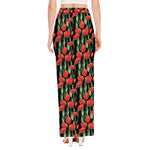 Red Watercolor Tulip Pattern Print High Slit Maxi Skirt