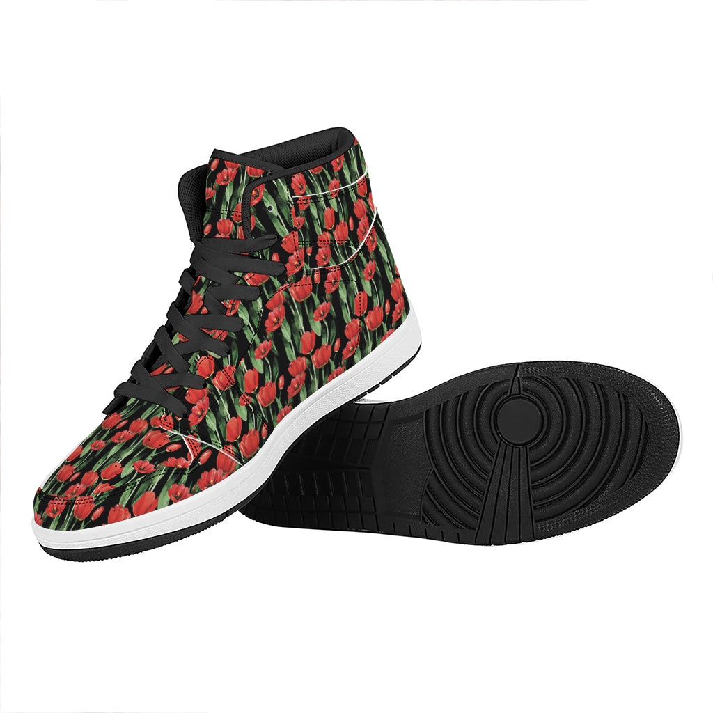 Red Watercolor Tulip Pattern Print High Top Leather Sneakers