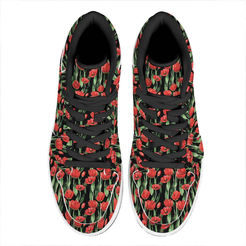 Red Watercolor Tulip Pattern Print High Top Leather Sneakers