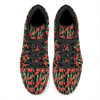 Red Watercolor Tulip Pattern Print High Top Leather Sneakers