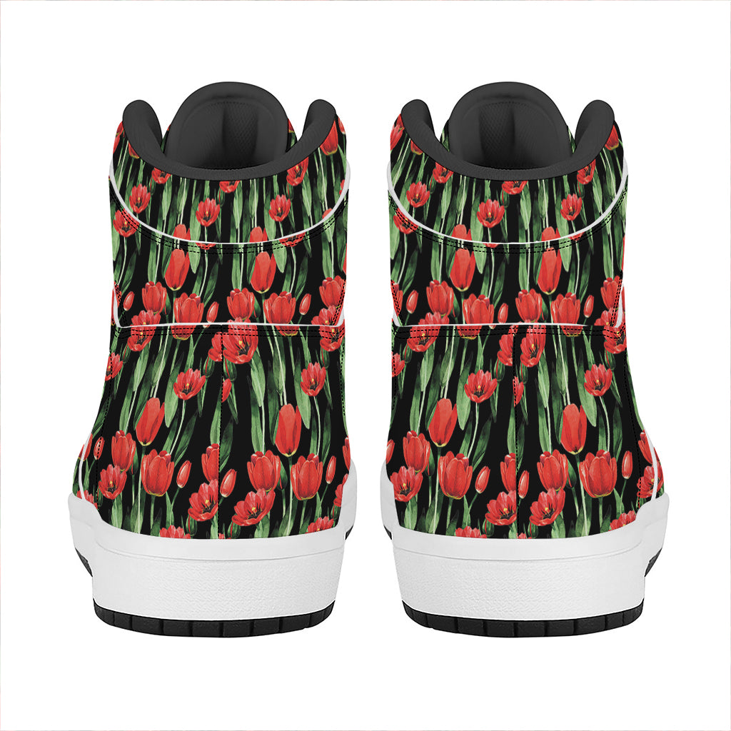 Red Watercolor Tulip Pattern Print High Top Leather Sneakers