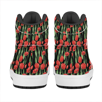 Red Watercolor Tulip Pattern Print High Top Leather Sneakers