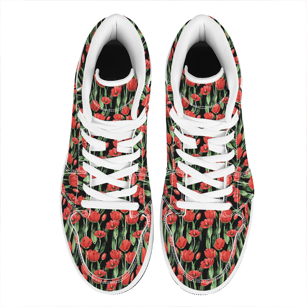 Red Watercolor Tulip Pattern Print High Top Leather Sneakers
