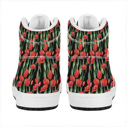 Red Watercolor Tulip Pattern Print High Top Leather Sneakers