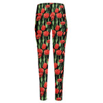 Red Watercolor Tulip Pattern Print High-Waisted Pocket Leggings