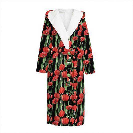Red Watercolor Tulip Pattern Print Hooded Bathrobe