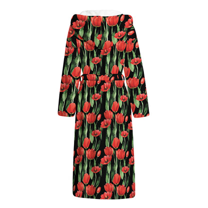 Red Watercolor Tulip Pattern Print Hooded Bathrobe